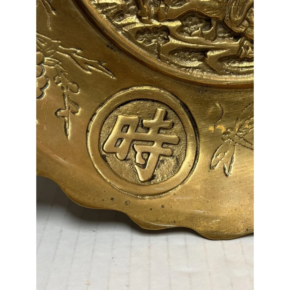 Plate Tray Hand Engraved Etched Decor Brass Scalloped Edge Vintage Chinese Heavy